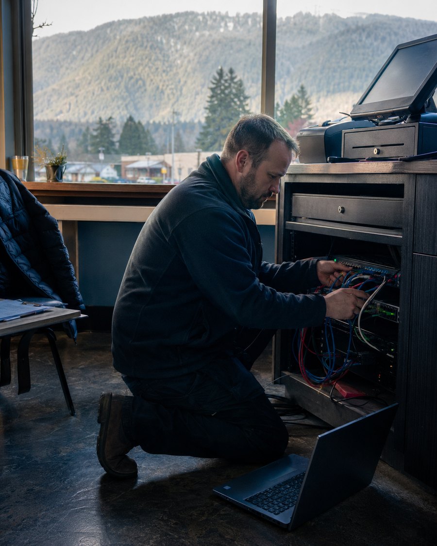 Telebridge technician on a scheduled site visit in interior British Columbia