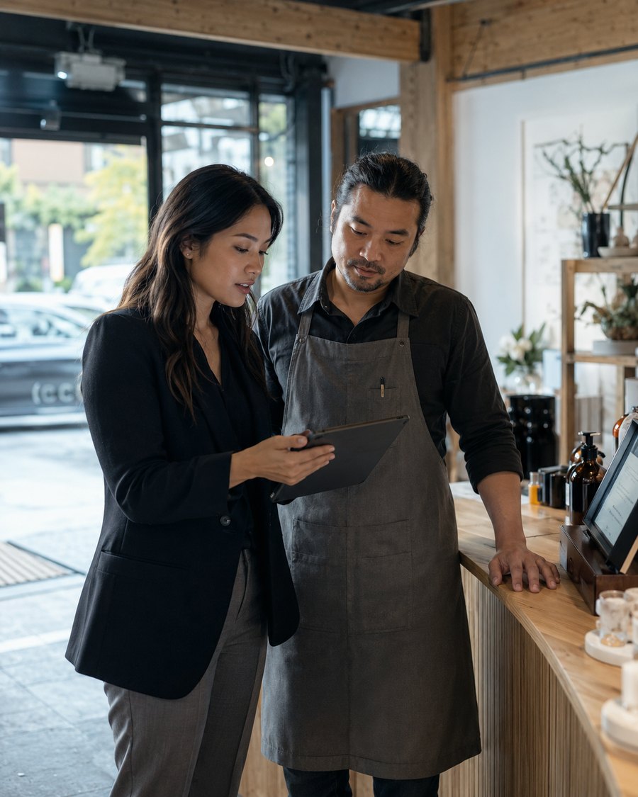 Telebridge field rep meeting a business owner in Metro Vancouver