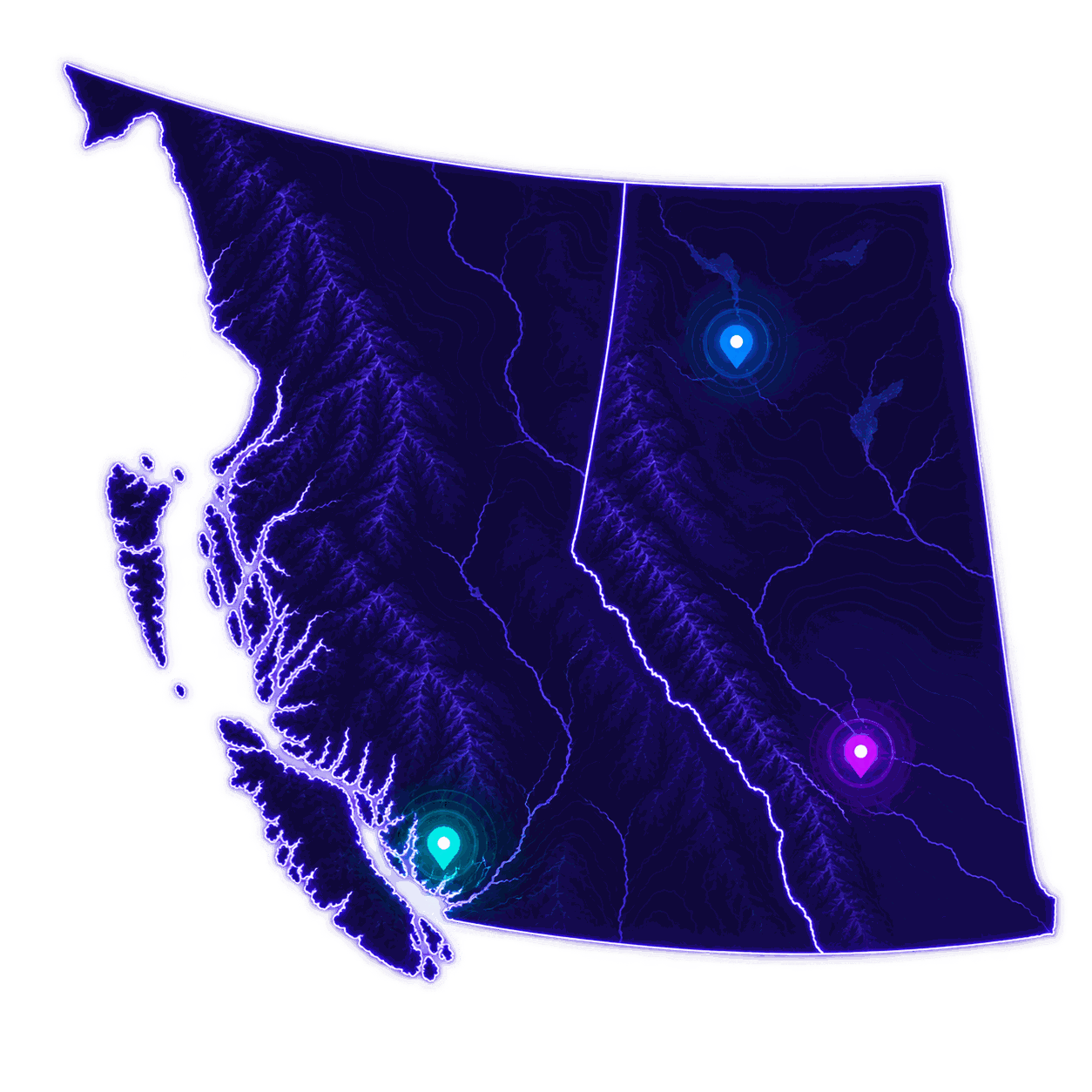 Map of Telebridge coverage across British Columbia and Alberta