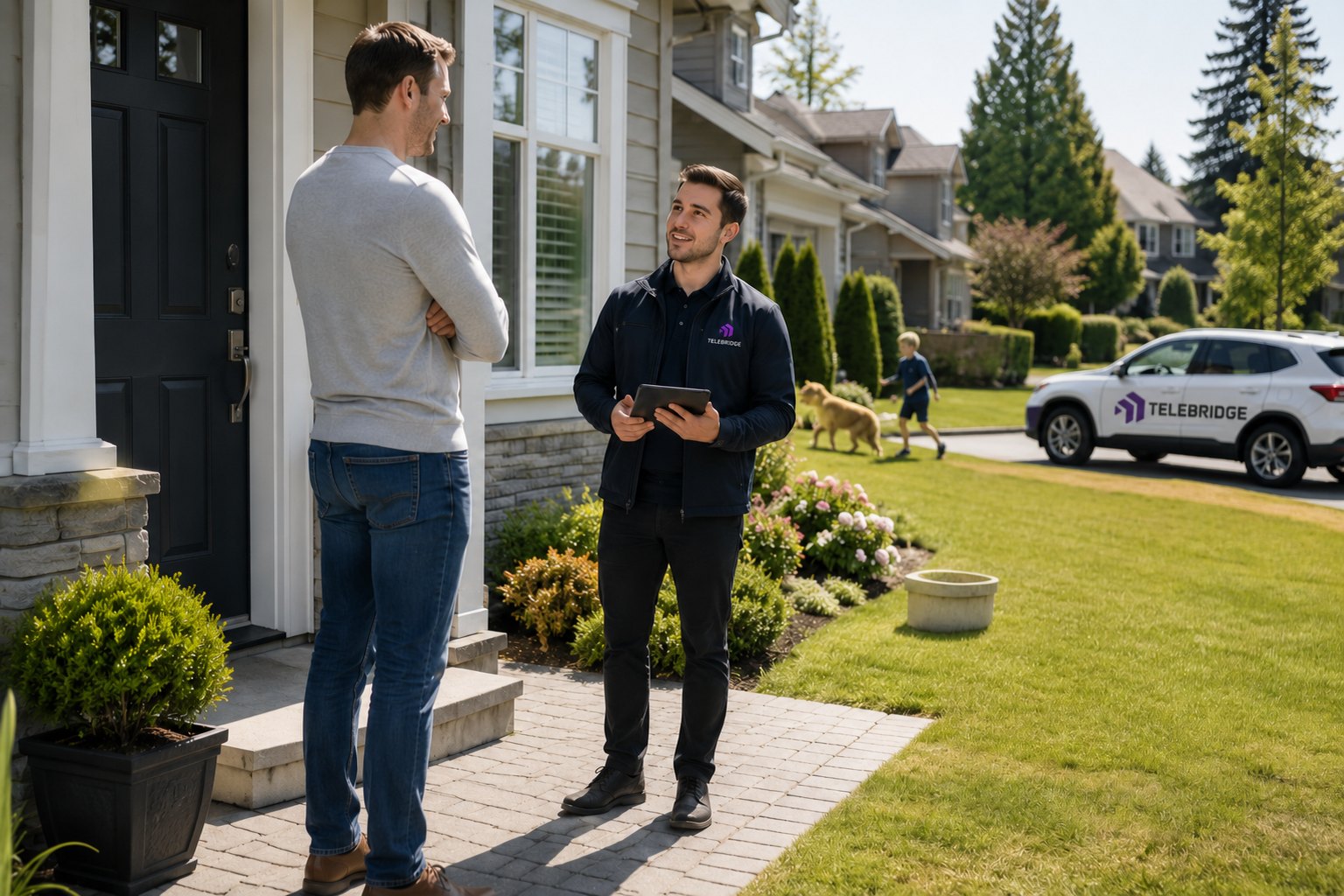 A Telebridge advisor with a tablet talking with a homeowner on the front walk of a suburban house