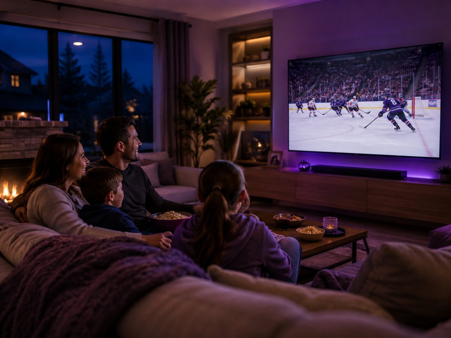 A family watching hockey in 4K on a large TV in a cozy living room