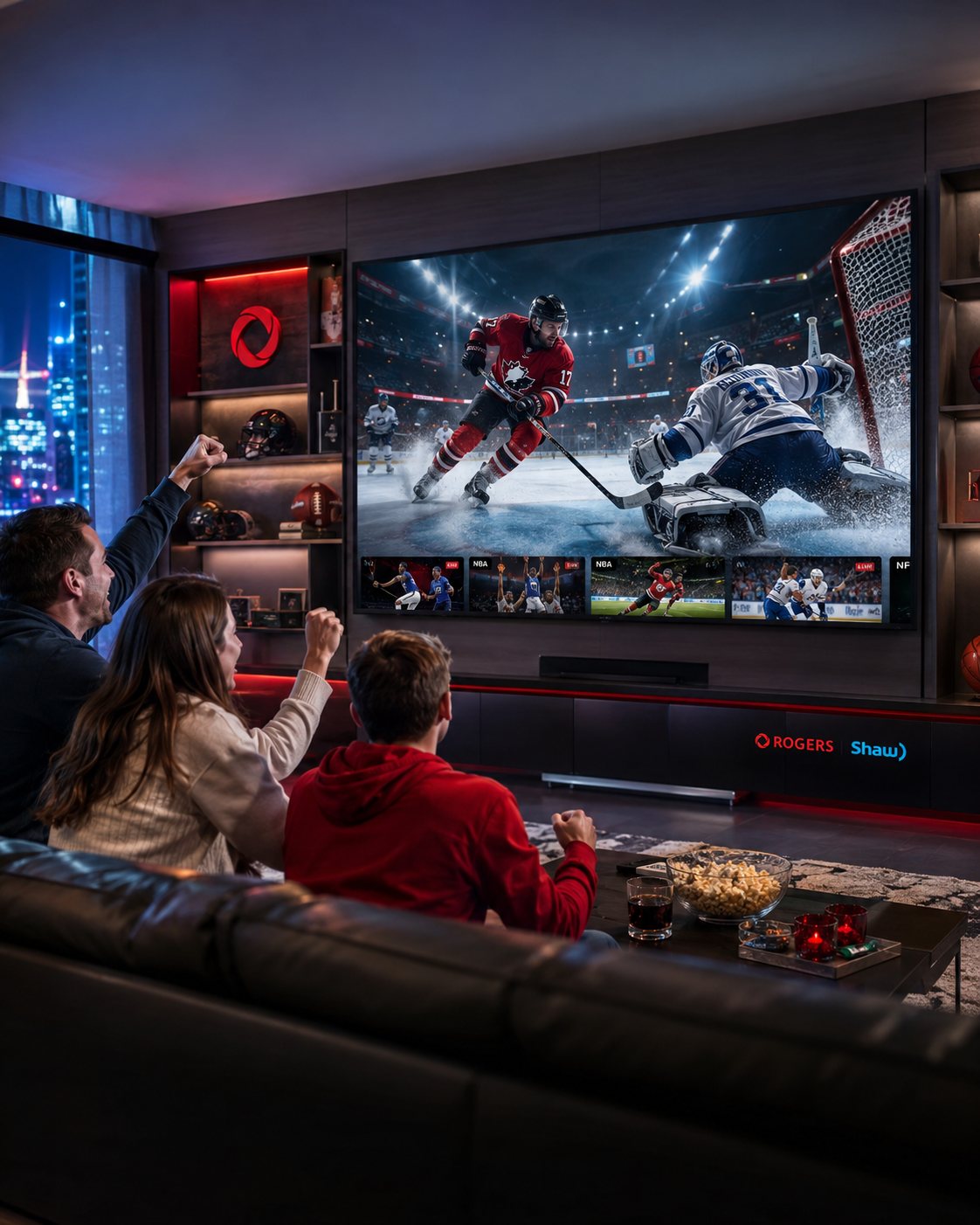 Fans cheering while watching a hockey game with Multiview on a big screen