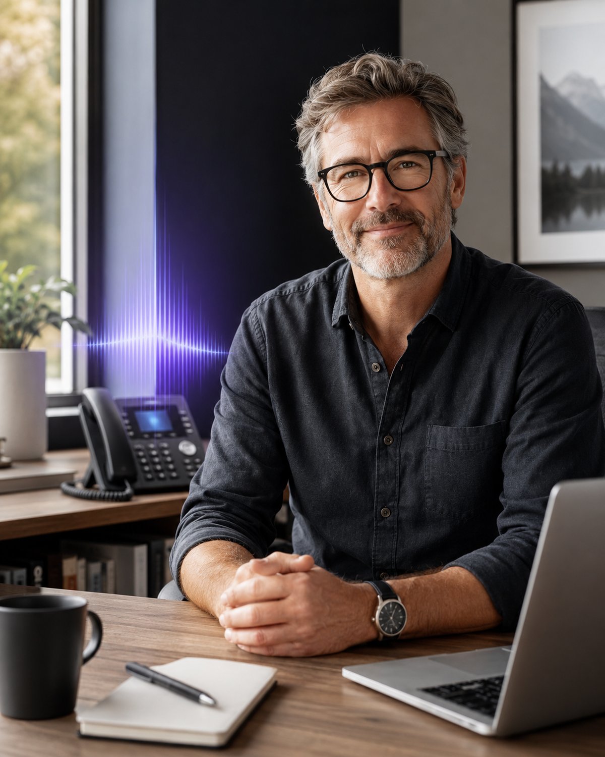 A relaxed small-business owner at a tidy desk while an AI voice agent, shown as a soft violet sound-wave, handles an incoming customer call in the background