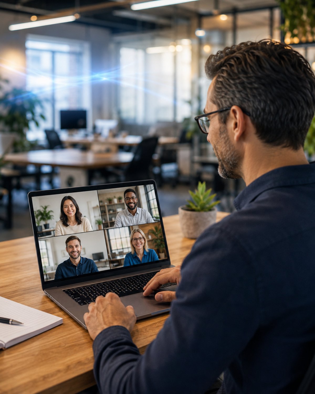 A confident small-business owner working smoothly on a laptop with a video call running in a bright modern office, subtle blue connectivity glow