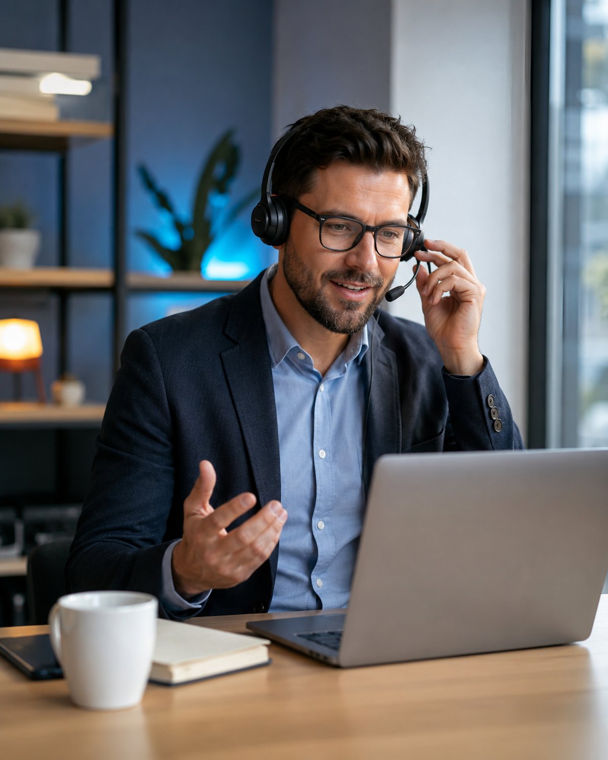 A professional in a modern office taking a business call on a wireless headset while glancing at a laptop, calm and connected, subtle blue accent light