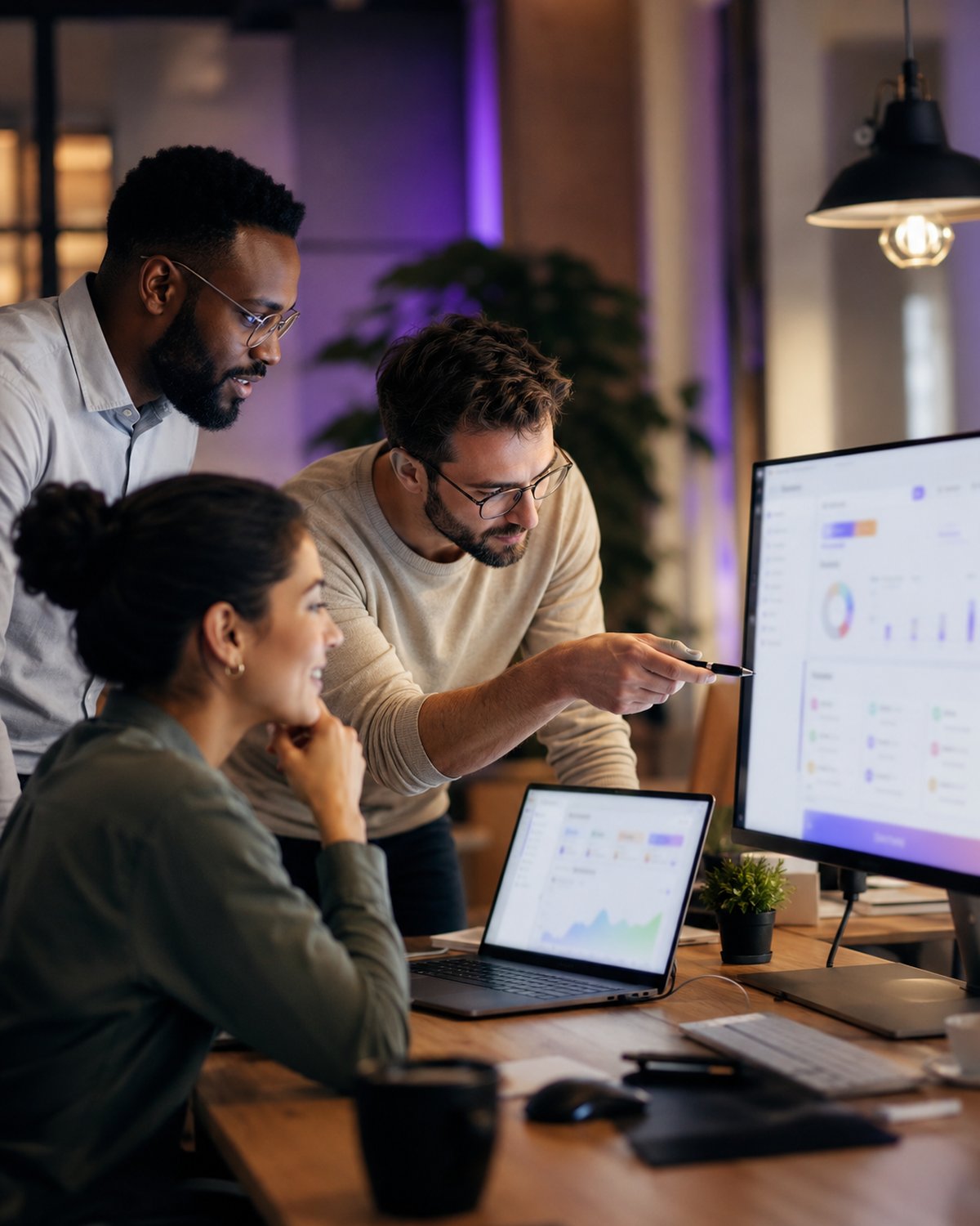 A small business team gathered around a laptop showing a clean custom software dashboard, abstract UI with no readable text, collaborative build mood, subtle violet accent