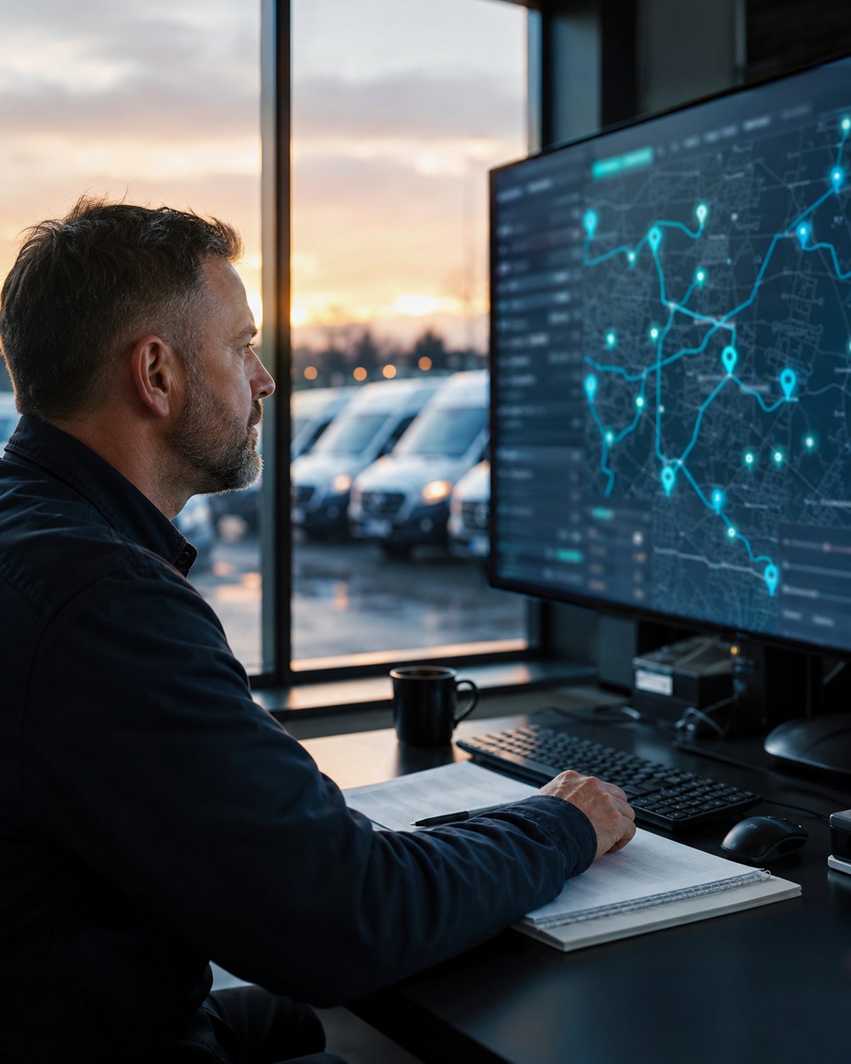 A dispatch manager viewing a live vehicle-tracking map on a screen with a row of clean commercial vans at a depot at dawn, cyan GPS glow