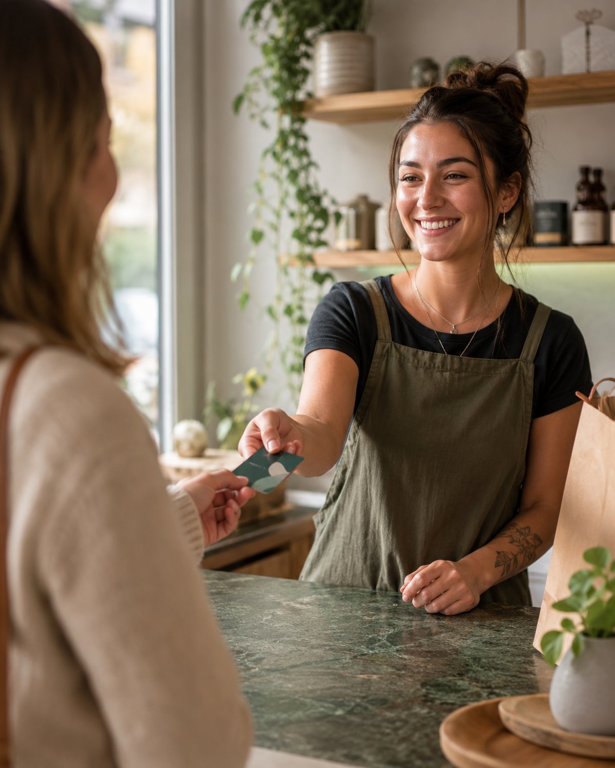 A happy returning customer receiving a branded gift card from a smiling staff member at a warm modern café counter