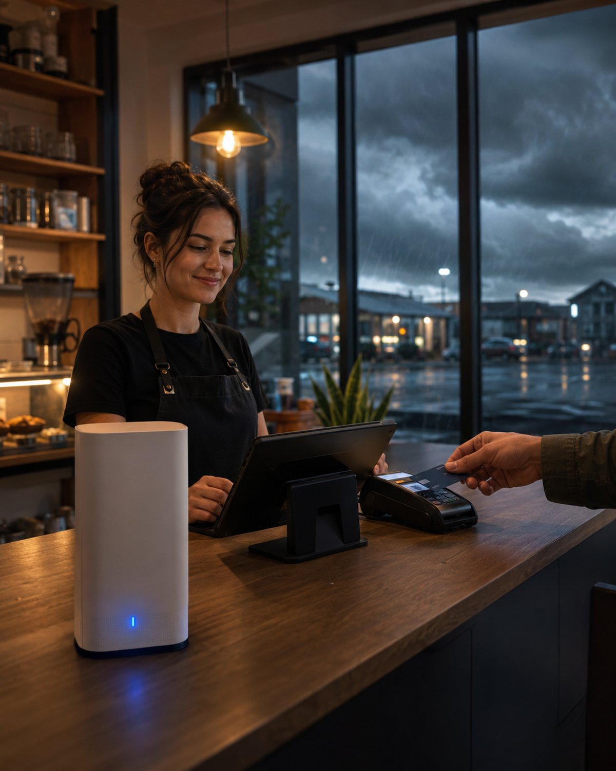 A small shop counter still taking a card payment while a storm darkens the windows outside, a router on the counter showing a steady blue backup light