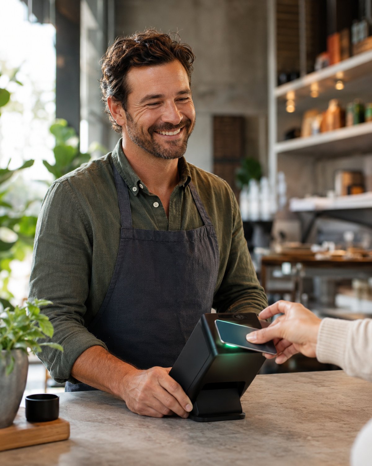 A small business owner accepting a contactless card payment on a modern smart terminal at the counter