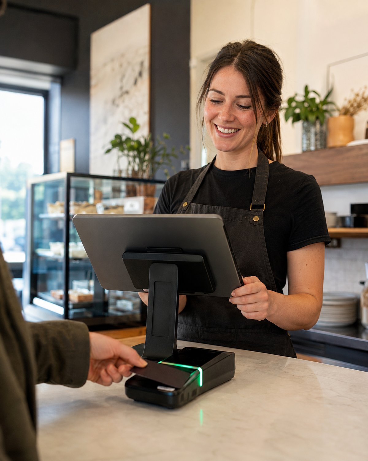 A staff member ringing up a customer on a modern tablet point-of-sale system with a smart card terminal at the counter