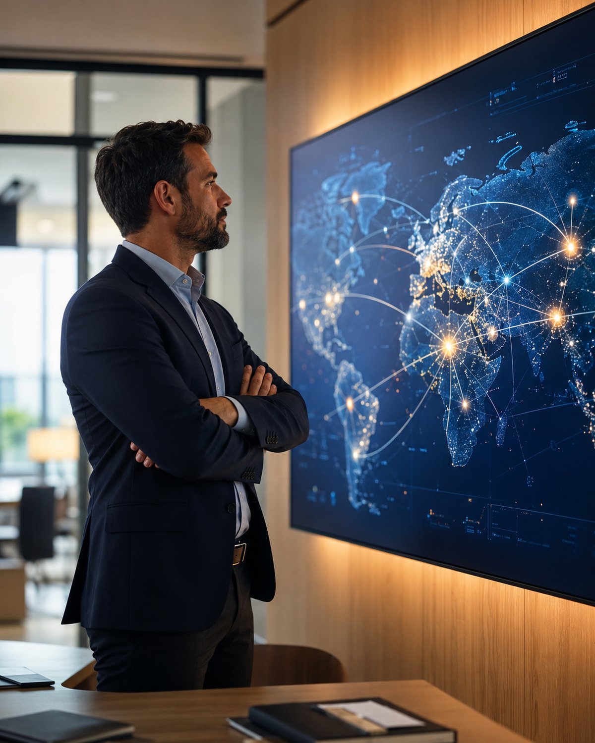 An operations manager studying a large screen showing several connected business locations on a clean abstract network map, enterprise in-control mood, subtle blue glow